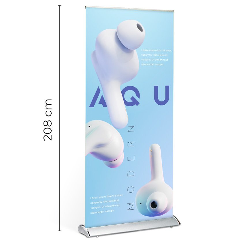 Roll up avvolgibile con struttura resistente premium in alluminio e stampa personalizzabile su banner antiarricciamento e antitrasparenza.